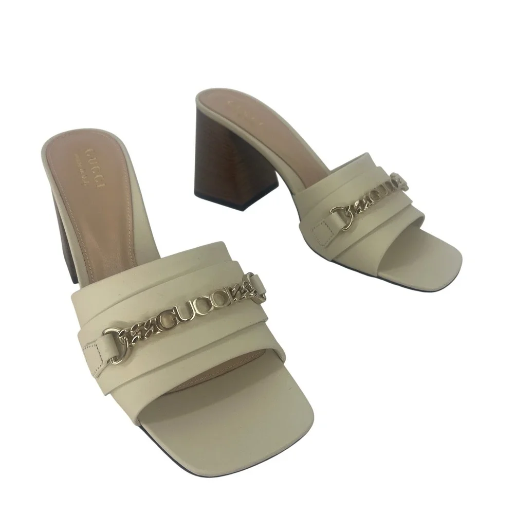 Gucci Signoria Slide Sandals White Leather Chain Heels Size 38